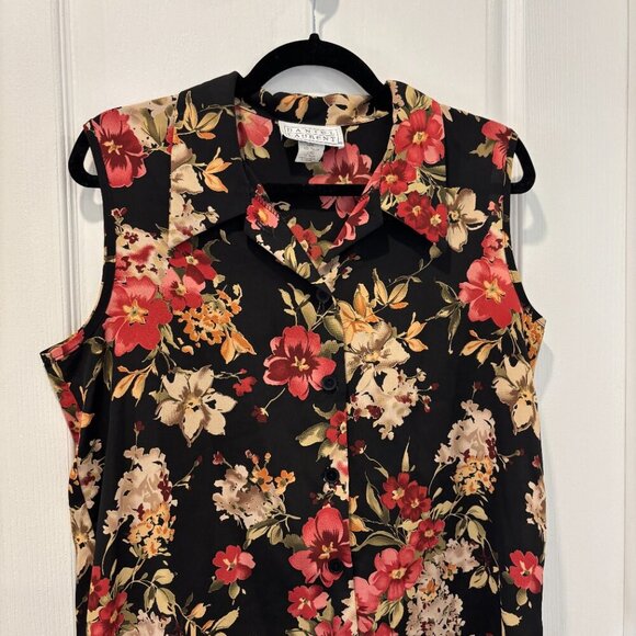 Vintage Black and Red Sleeveless Floral Blouse with Collar Size L - Picture 2 of 6